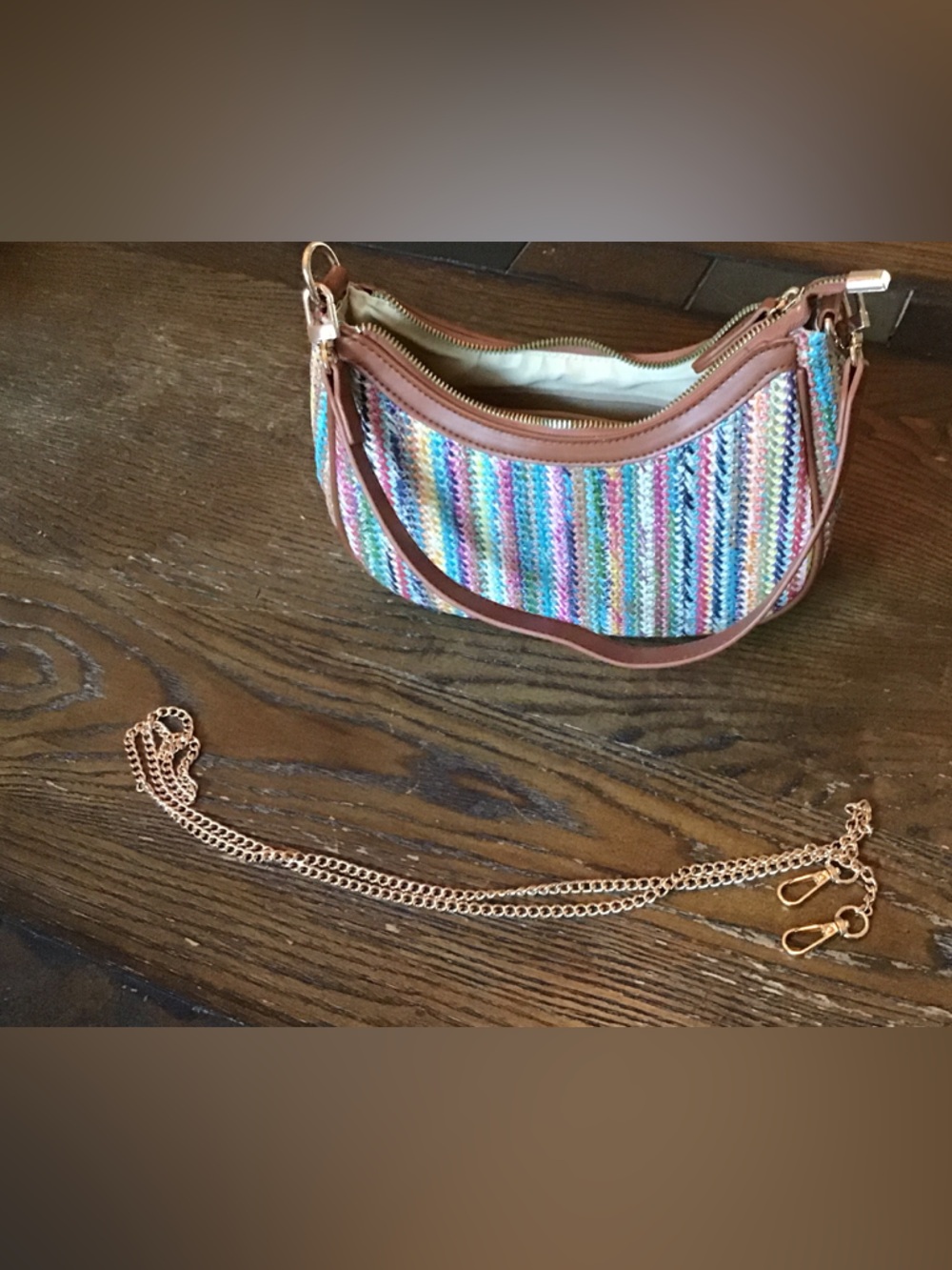 Multicolor Woven Crossbody Bag with Brown Trim